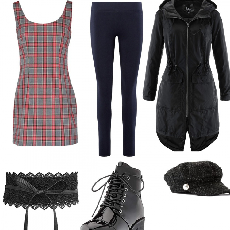 Outfit donna - Urban Style red & black. Stile Urban per Scuola/Università. Abbinamento con blazer, cappelli, vestito corto a trapezio fantasia collo tondo senza maniche con zip interno foderato in flanella elasticizzato, stivaletti nero, cintura, leggings.