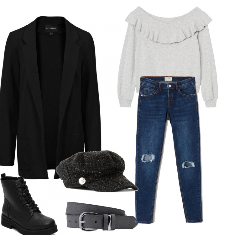 Outfit donna - Backer Boy. Stile Urban per Tutti i giorni. Abbinamento con cinture, blazer, cappelli, jeans skinny effetto strappato in denim blu, felpa con volant e scollo a maniche lunghe grigio, stivaletti nero.