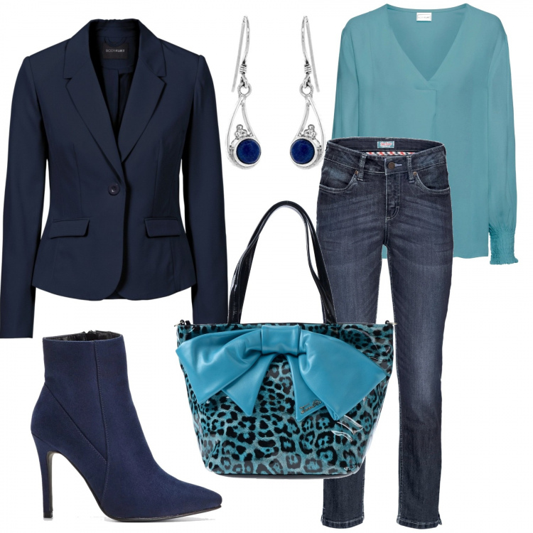 Outfit donna - La borsa col fiocco. Stile Chic per Serata fuori. Abbinamento con jeans, blazer, bluse, stivaletti con tacco alto e zip blu, borsa a mano, pendente in sterling 925 argento.