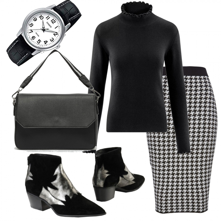 Outfit donna - Fantasia pied de poule. Stile Trendy per Ufficio. Abbinamento con gonne, stivaletti contrasto effetto scamosciato con cubano e zip a punta pianta larga in pelle, maglione con balze girocollo aderente nero, borsa a tracolla nero, orologi analogici.