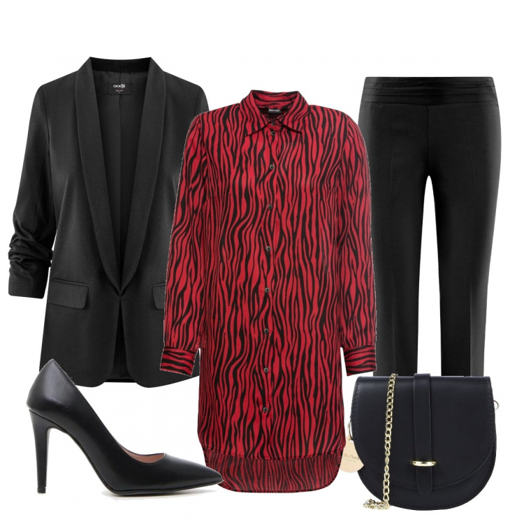 Outfit donna - Zebrato rosso&nero. Stile Chic per Serata fuori. Abbinamento con gonne longuette, borsa a tracolla petit interno sfoderato tinta unita, pantalone taglio dritto con zip aderente nero, blazer in in maglia aderente nero, décolleté nero.