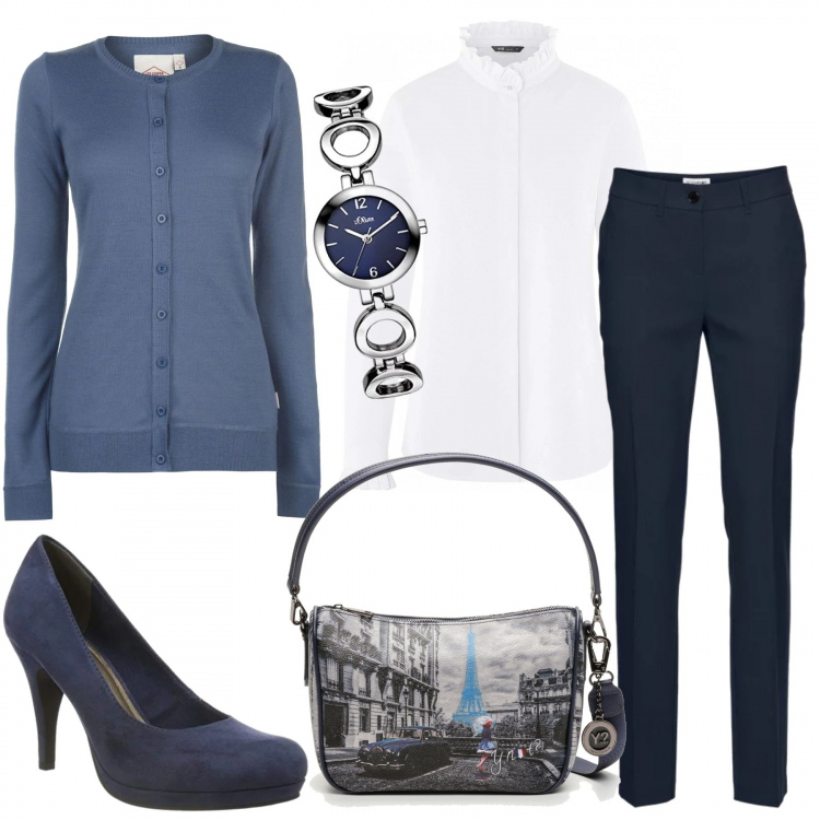Outfit donna - Giornata di lavoro. Stile Trendy per Ufficio. Abbinamento con pantaloni, cardigan, camicie, portachiavi con stampa e zip con tracolla regolabile blu e grigio, scarpa col tacco, orologi.