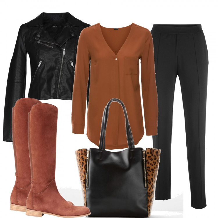 Outfit donna - Il pantalone modellante. Stile Trendy per Ufficio. Abbinamento con camicie, abbigliamento da notte, shopping bag, stivali effetto scamosciato con tacco squadrato e punta tonda in pelle, giubbotto collo con revers a maniche lunghe con zip interno foderato in pelle sintetica tinta unita.
