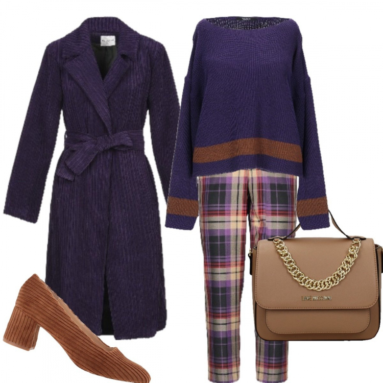 Outfit donna - Coste grosse. Stile Trendy per Ufficio. Abbinamento con pullover lavorato a maglia a maniche lunghe tinta unita, pantalone a sigaretta fantasia vita alta con zip e gancetto, soprabito a coste in velluto, décolleté a coste con tacco squadrato interno foderato con punta quadrata in velluto tinta unita, borse a mano.