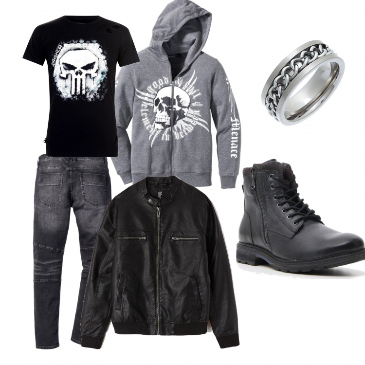 Outfit uomo - The rock. Stile Biker Rock per Serata speciale. Abbinamento con jeans slim fit, felpa con cappuccio e zip grigio, bomber in ecopelle nero, stivaletti nero, t-shirt, anello.