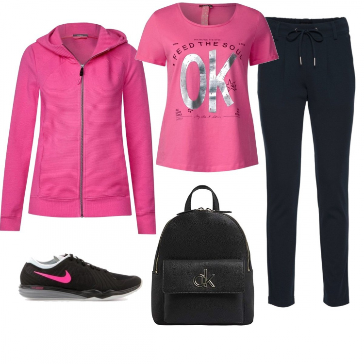 Outfit donna - OK. Stile Basic per Sport. Abbinamento con pantaloni, scarpe nero, maglietta con stampa multicolore e rosa e argento, felpa, borsa a tracolla nero.