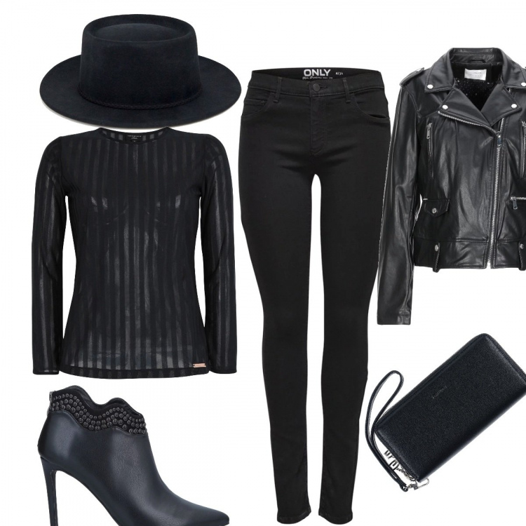 Outfit mujer - Total black. Estilo Rock para Todos los días. Combinación con vaqueros, giacca, top jersey, stiletti nero, portamonete, cappello petite oro.