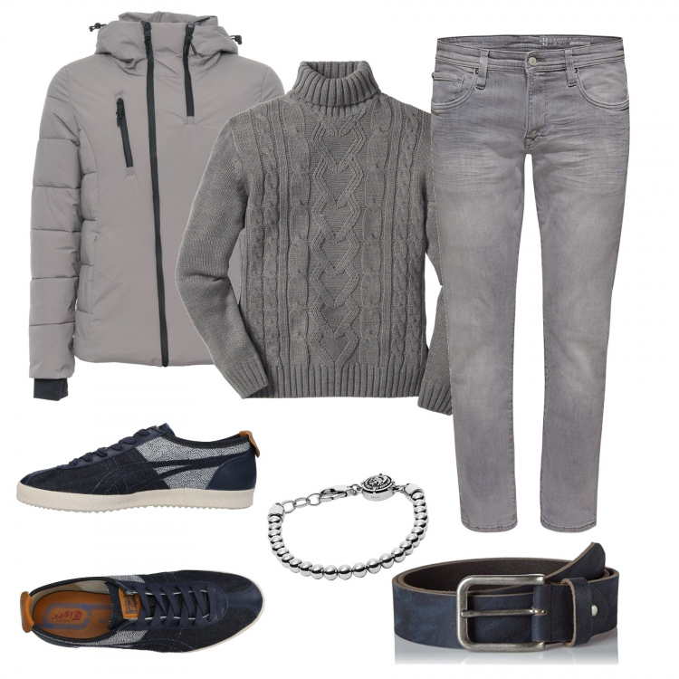 Outfit uomo - Dolcevita e sneakers. Stile Casual per Serata speciale. Abbinamento con maglieria, sneakers tennis, braccialetti, giubbotto grigio, jeans, cinture e bretelle blu.