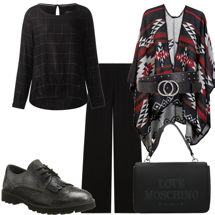 Outfit donna - Mantella per l\'autunno. Stile Trendy per Tutti i giorni. Abbinamento con cinture, borsa a mano, blusa nero, cappotti, pantalone cropped nero, scarpe stringate.