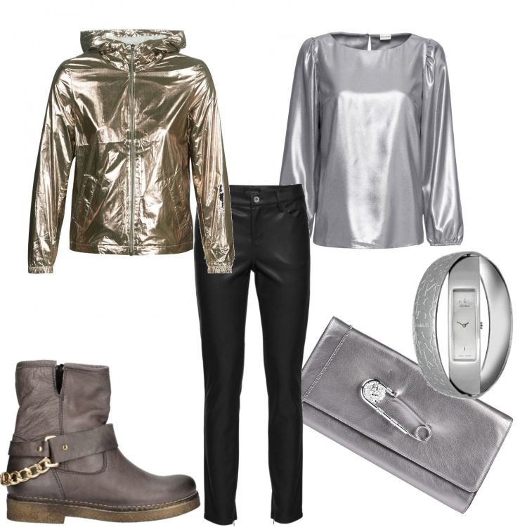 Outfit donna - Oro e argento...un look brillante. Stile Trendy per Serata fuori. Abbinamento con pantaloni, bluse, borsa a mano effetto laminato con zip tinta unita, stivali grigio, giacca argento, orologio con cinturino in acciaio inox argento.