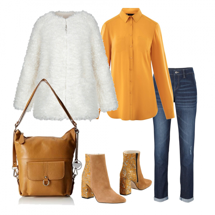 Outfit donna - La camicia senape. Stile Trendy per Tutti i giorni. Abbinamento con jeans boyfriend, stivaletti con stampa di broccato effetto scamosciato con tacco squadrato e zip con punta tonda pianta larga, ecopelliccia, camicie, borse a spalla.