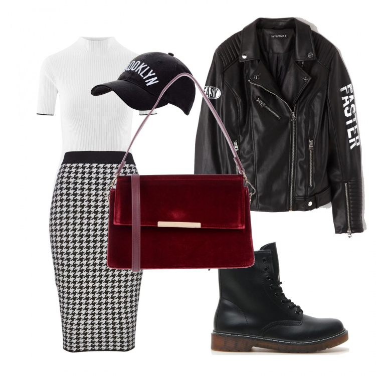 Outfit donna - Black & Velvet. Stile Rock per Tutti i giorni. Abbinamento con gonne, cappelli con visiera, borsa a mano con manico taglia media in velluto tinta unita, giubbino in ecopelle tinta unita nero, stivaletti, maglione a coste aderente bianco.