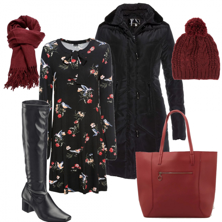 Outfit donna - Vestito in inverno. Stile Basic per Tutti i giorni. Abbinamento con stivali, maglione, giacche, shopping bag con manico in ecopelle rosso, berretto a trecce bordeaux, sciarpa rosso.