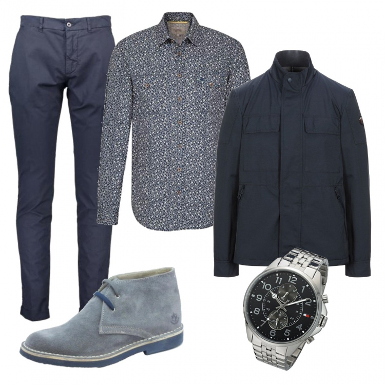Outfit uomo - Trendy #1731. Stile Trendy per Tutti i giorni. Abbinamento con stivaletti, cappotti, pantalone con zip e bottoni blu, camicia, orologio con cinturino in acciaio inox nero e argento.