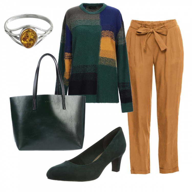 Outfit donna - Topazio giallo. Stile Basic per Ufficio. Abbinamento con pullover fantasia multicolore lavorato a maglia collo tondo a maniche lunghe in mohair elasticizzato, borsa a mano maxi doppio manico interno sfoderato in pelle sintetica tinta unita, shopping bag, scarpe col tacco, anelli.