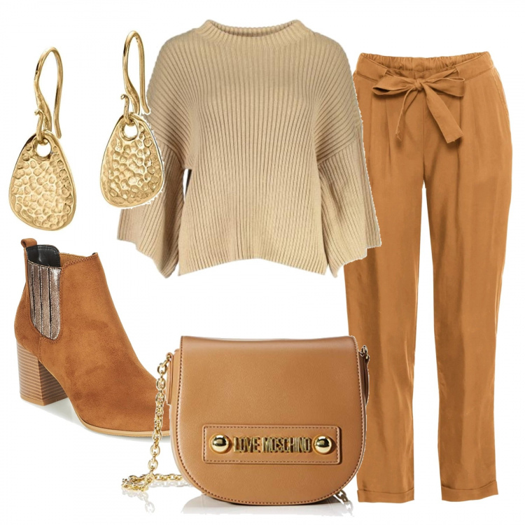 Outfit donna - Una ragazza solare. Stile Trendy per Ufficio. Abbinamento con shopping bag, stivaletti, maglione girocollo a maniche lunghe beige, orecchini in argento 925, borse a tracolla.