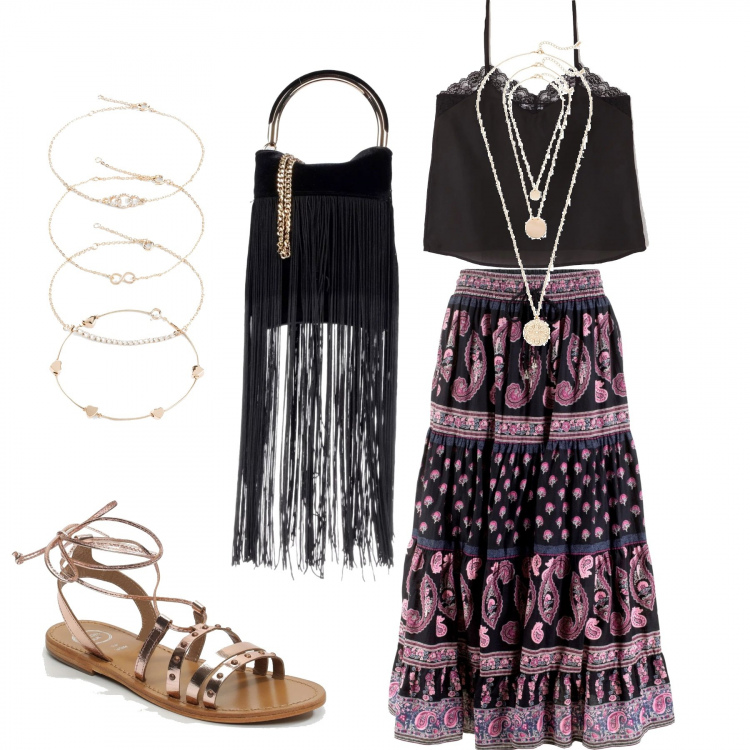 Outfit donna - Bohemien e gipsy al mare. Stile Etnico per Serata fuori. Abbinamento con gonne lunghe, ciondoli, braccialetti, borsa a mano mini con manico e frange con zip interno foderato in velluto tinta unita, top con pizzo contrasto tinta unita nero, sandali con punta tonda rosa.