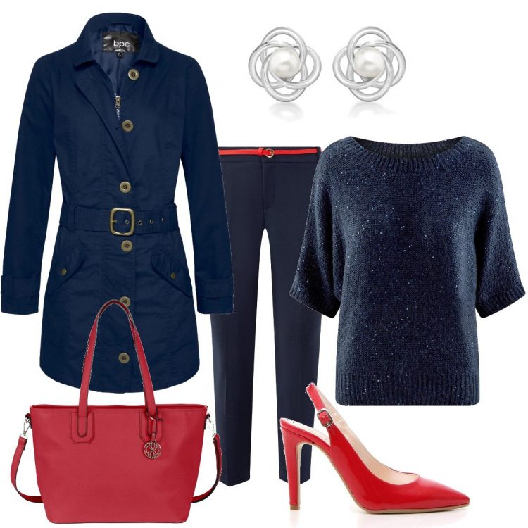 Outfit donna - Tocco chic. Stile Trendy per Tutti i giorni. Abbinamento con trench, shopping bag rosso, maglione con paillettes aderente blu, pantalone con cintura blu, décolleté, orecchini a perno in sterling 925 ipoallergenico argento e bianco.