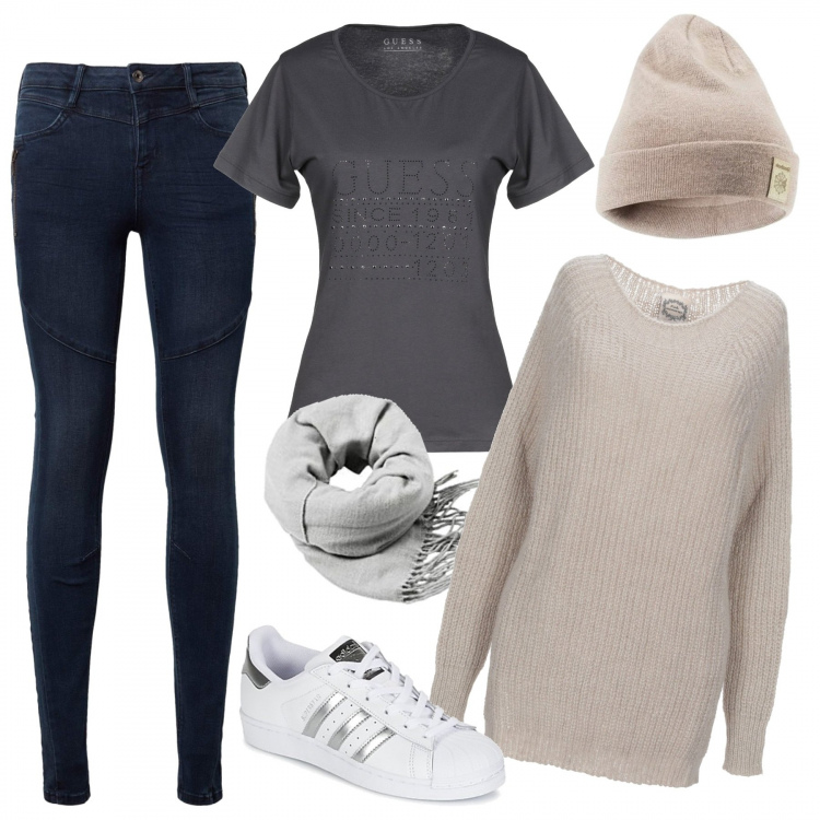 Outfit mujer - Cómoda en neutros. Estilo Basic para Todos los días. Combinación con completo elegante skinny in denim nero, sciarpa grigio, sneakers, cappello, maglioncino in mohair rosa, top jersey.