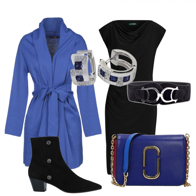Outfit donna - Bon Ton #14828. Stile Bon Ton per Ufficio. Abbinamento con cinture, cardigan senza tasche lavorato a maglia scollatura profonda a maniche lunghe con laccetti tinta unita, vestiti midi/longuette, stivaletti con strass effetto scamosciato con tacco geometrico e zip a punta tinta unita, borsa a tracolla con cinturino blu, orecchini in sterling 925 argento.