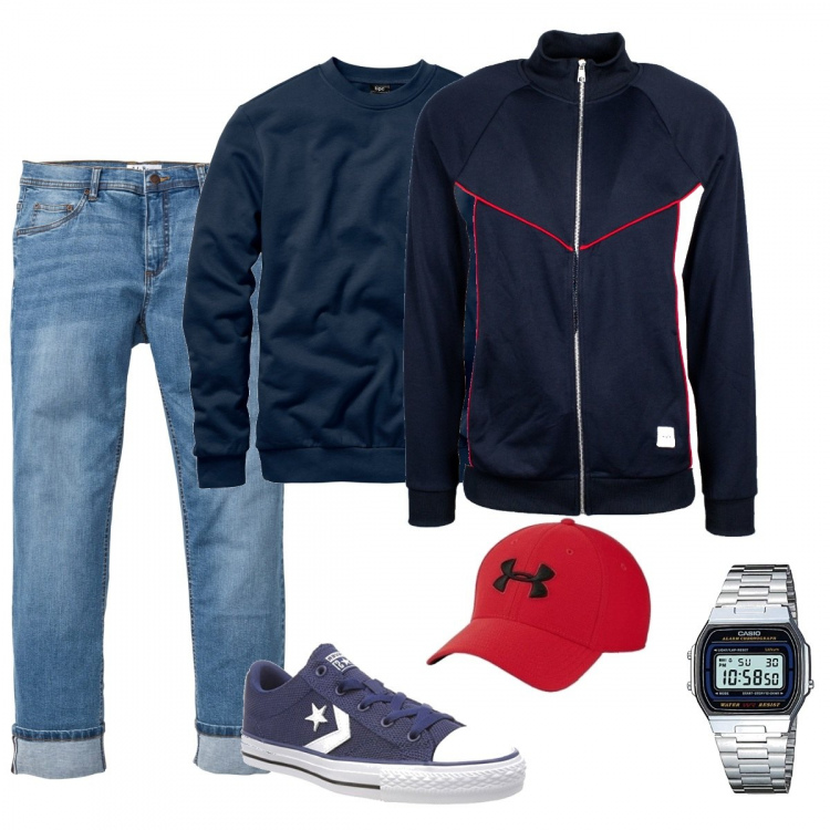 Outfit uomo - I ragazzi sono in giro. Stile Casual per Tutti i giorni. Abbinamento con felpe, vestiti, giubbotto blu, cappelli con visiera, orologi digitali, scarpa sportiva.