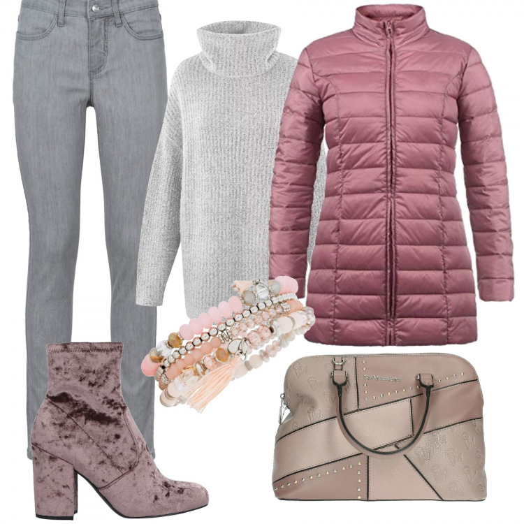 Outfit donna - Venerdì:stile libero in ufficio. Stile Urban per Ufficio. Abbinamento con jeans skinny, braccialetti, stivaletti, borsetta rosa, parka, maglieria.
