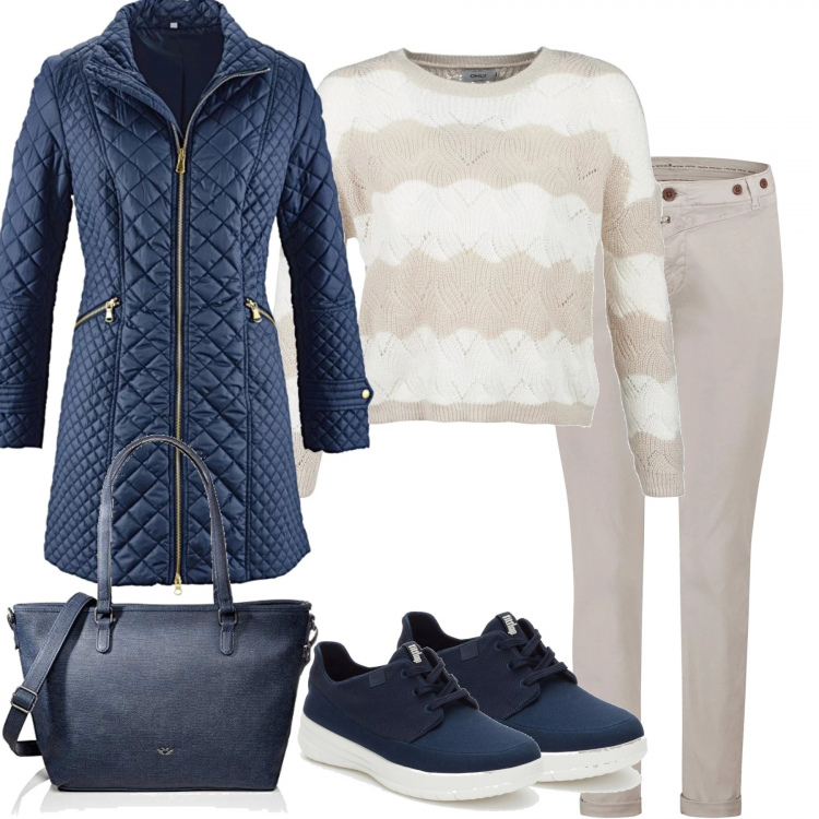 Outfit donna - Passeggiata in centro. Stile Basic per Tutti i giorni. Abbinamento con blazer, maglione, pantaloni, sneakers sport con punta tonda navy, borse tote.