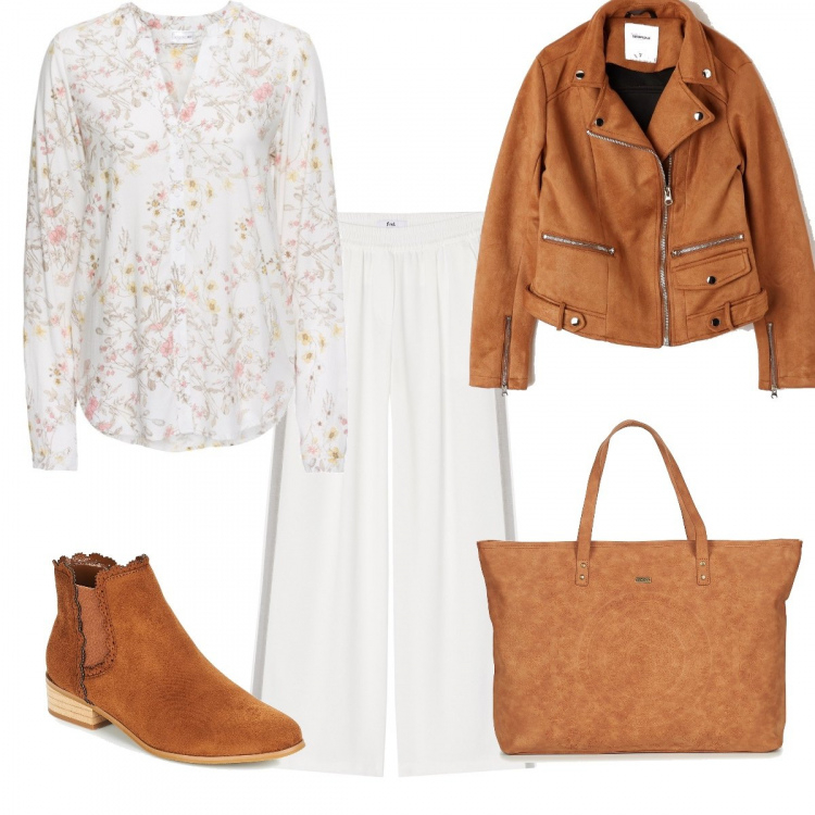 Outfit donna - Camicia fiorata. Stile Basic per Ufficio. Abbinamento con camicie, stivaletti marrone, shopping bag marrone, pantalone lungo.