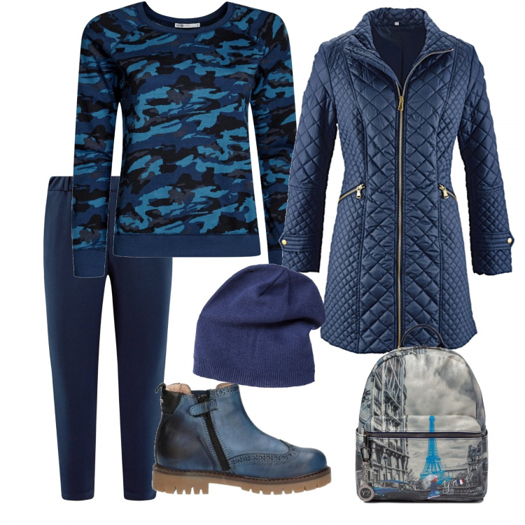 Outfit donna - Blue per una giornata uggiosa. Stile Urban per Tutti i giorni. Abbinamento con blazer, vestiti, stivaletti blu, felpe, zaino con bretelle e zip con taschini blu e navy, pantalone lungo.