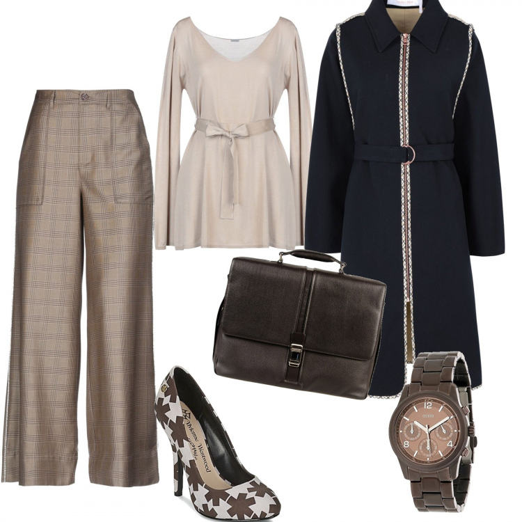 Outfit mujer - Al trabajo con estilo.. Estilo Trendy para Oficina. Combinación con orologio analogico, zapatos de tacón, cappotto, pantalones, pullover, shopping bag maxi.