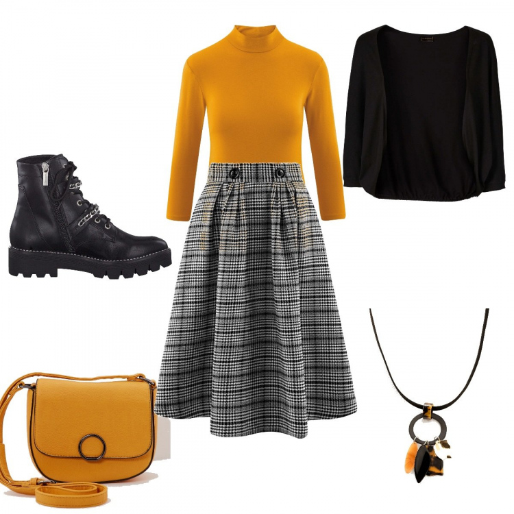 Outfit donna - Aperitivo in autunno. Stile Trendy per Serata fuori. Abbinamento con vestiti midi/longuette, pantaloni, borsa a tracolla effetto martellato in ecopelle tinta unita giallo, gonna midi a quadri con tasche nero, maglione collo a dolcevita aderente giallo, stivali.