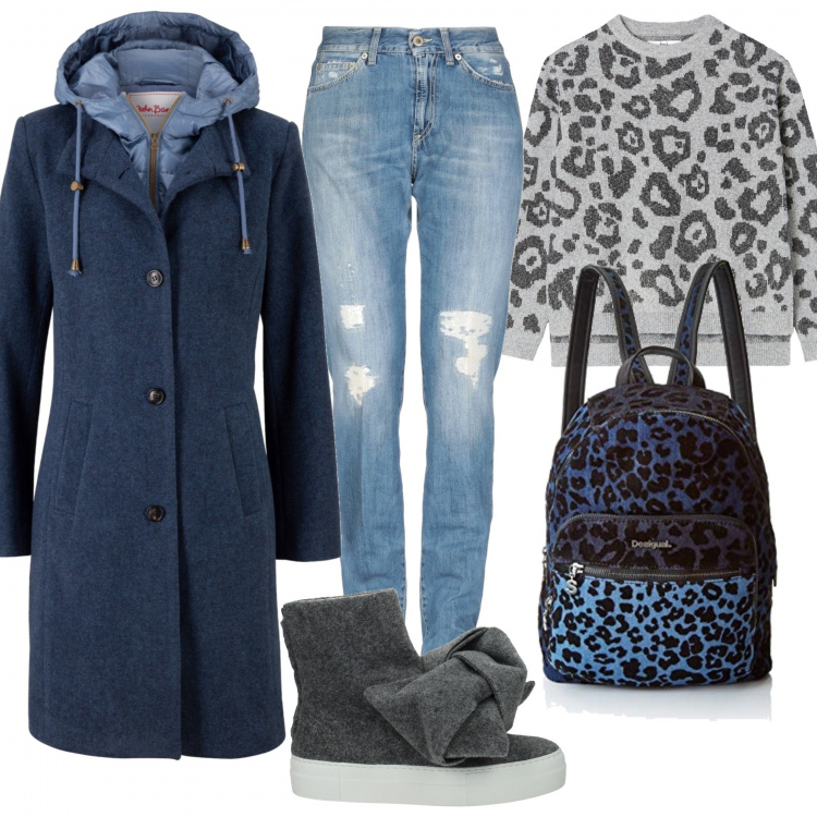 Outfit donna - Come una teenager. Stile Urban per Scuola/Università. Abbinamento con cappotti, jeans, stivaletti, pullover fantasia jacquard grigio, zaini.
