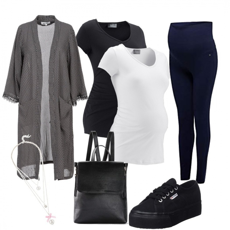 Outfit donna - Super mamma!. Stile Trendy per Tutti i giorni. Abbinamento con pullovers, zaino interno foderato in pelle sintetica nero, collana, cappotto, leggings premaman taglia unica blu, sneakers nero.