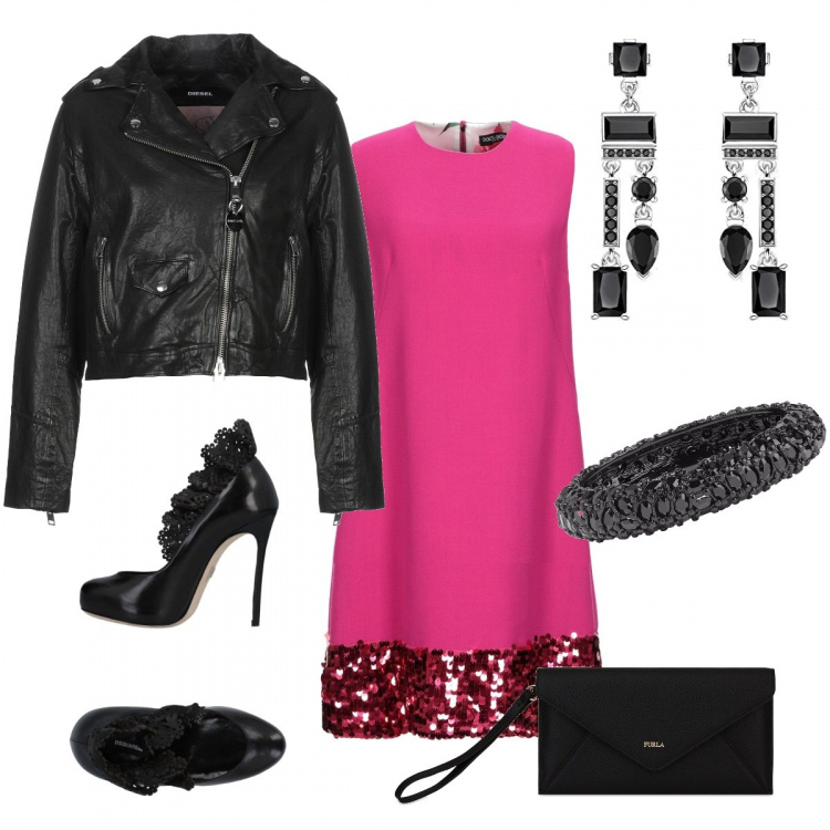 Outfit donna - Il vestito fucsia. Stile Trendy per Serata fuori. Abbinamento con vestito corto con paillettes collo tondo senza maniche con zip interno foderato in tulle crêpe, décolleté, giubbotto collo con revers a maniche lunghe con zip interno foderato tinta unita, pochette, braccialetti, orecchini a perno in sterling 925 argento.