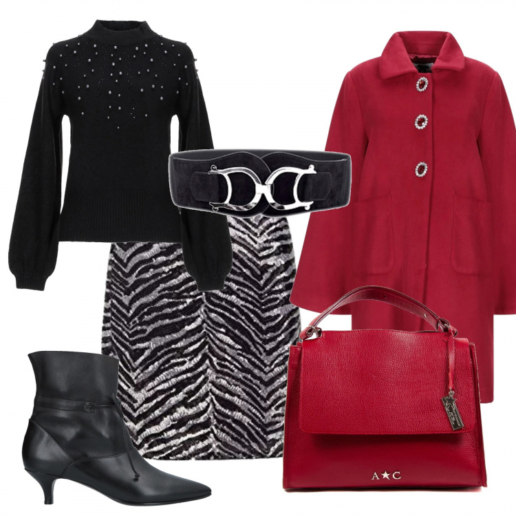 Outfit donna - Bon Ton #14891. Stile Bon Ton per Ufficio. Abbinamento con cinture, maglioncino senza tasche lavorato a maglia collo a dolcevita a maniche lunghe tinta unita, cappotti, stivaletti con tacco spillo e laccetti a punta tinta unita, gonne, borsa a mano in pelle rosso.