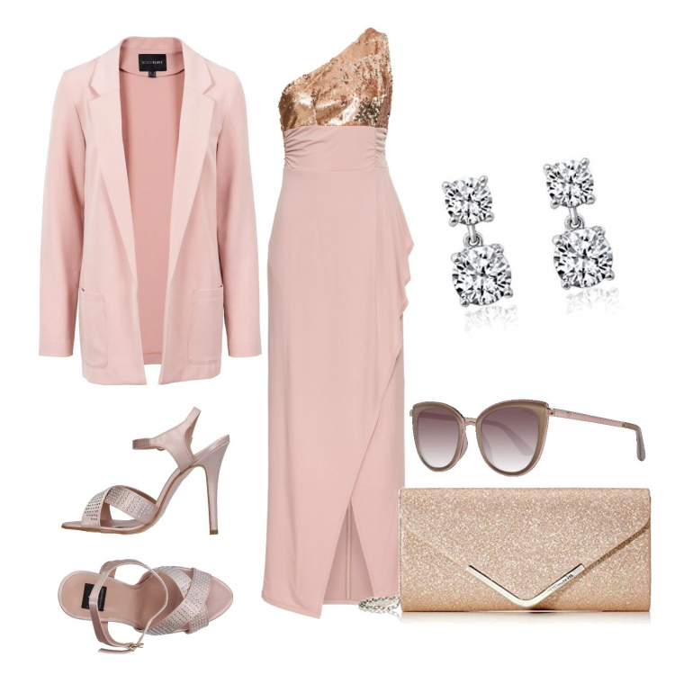 Outfit donna - Mariage. Stile Bon Ton per Cerimonia. Abbinamento con sandali, vestiti corti, vestiti midi/longuette, occhiali da sole rosa, orecchini a pendolo argento, clutch.