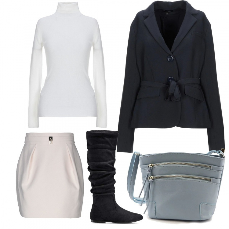 Outfit donna - Scacciapensieri. Stile Trendy per Tutti i giorni. Abbinamento con stivali, giacca, gonna al ginocchio senza tasche con zip interno sfoderato tinta unita, maglia collo a dolcevita a maniche lunghe in lana tinta unita, borsa a tracolla grigio.