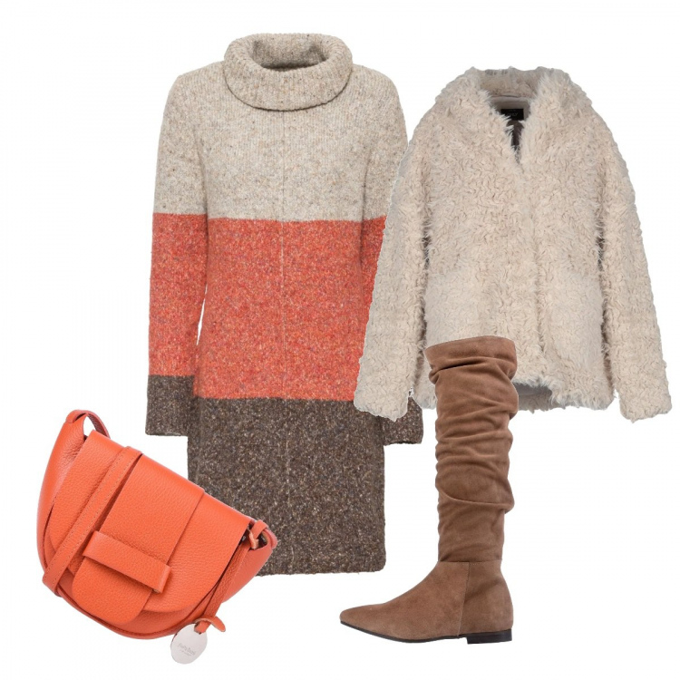 Outfit donna - Subito pronta con l\'abito in maglia. Stile Basic per Tutti i giorni. Abbinamento con vestiti, ecopelliccia, stivali effetto scamosciato con zip a punta tinta unita, borsa a tracolla mini in pelle martellata interno sfoderato tinta unita.