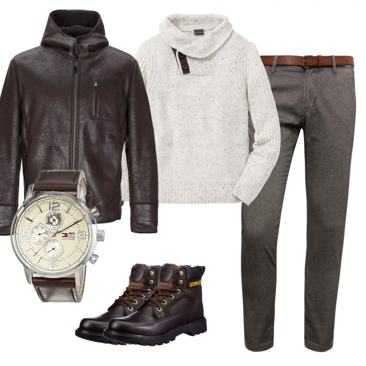 Outfit uomo - Giro in centro. Stile Biker Rock per Tutti i giorni. Abbinamento con maglieria, giubbotto fantasia con cappuccio a maniche lunghe con zip interno sfoderato in pelle sintetica monopetto, stivali marrone, pantalone in denim nero, orologi.