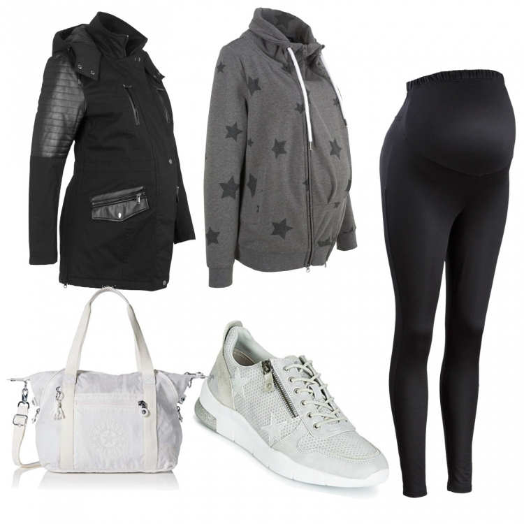 Outfit donna - Mamma sprint. Stile Basic per Tutti i giorni. Abbinamento con leggings, pantaloni, giacca premaman, sneakers, borse a secchiello.