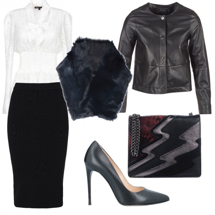 Outfit mujer - Boda o evento. Estilo Sexy para Ceremonia. Combinación con giacca, blusa, borsa a tracolla mini in pelle multicolore, falda longuette, sciarpa, bailarinas y zapatos planos.
