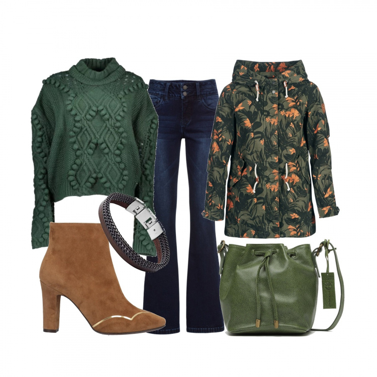 Outfit donna - Passeggiata in quel di montagna. Stile Basic per Tutti i giorni. Abbinamento con jeans bootcut, stivaletti effetto scamosciato con tacco geometrico e zip con punta tonda tinta unita, parka, maglioni, borsa a tracolla secchiello contrasto con coulisse e tracolla regolabile verde, bracciale in pelle marrone.