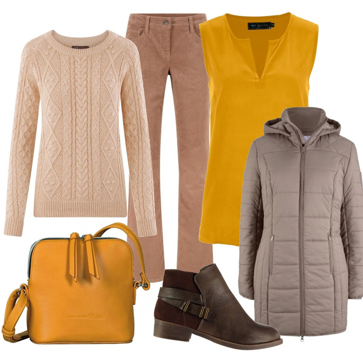Outfit donna - Giallo fluido. Stile Trendy per Tutti i giorni. Abbinamento con pantaloni, cappotto effetto lucido marrone, top, maglioni, borsa a tracolla in denim giallo, stivaletti.