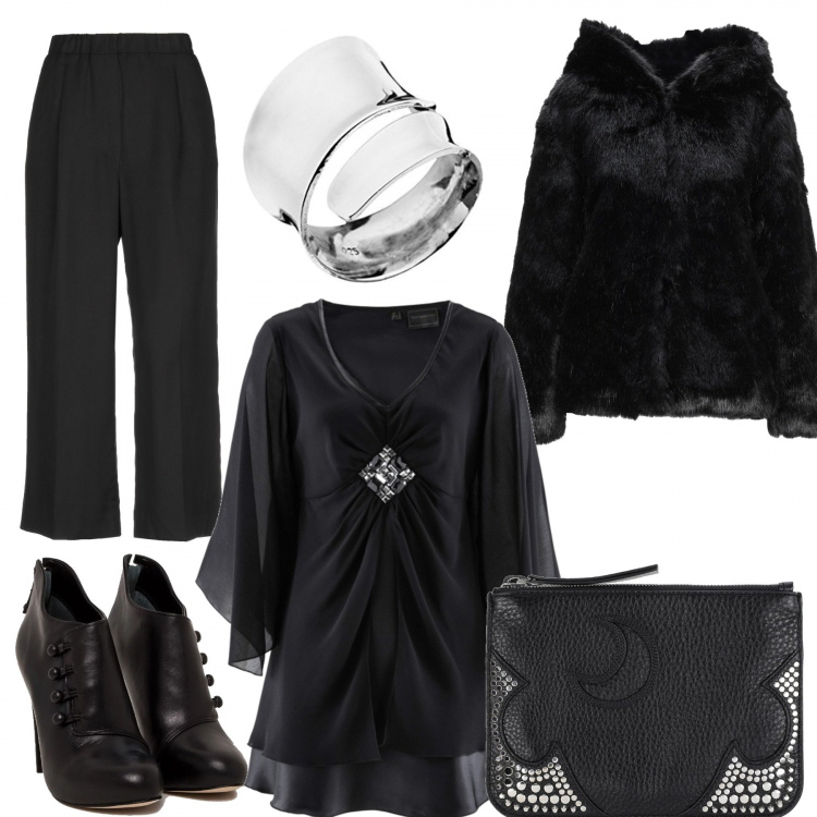 Outfit donna - Curvy a cena fuori. Stile Chic per Serata fuori. Abbinamento con tuniche, ecopelliccia, pantaloni, pochette, stivaletti nero, anello in sterling 925 argento.
