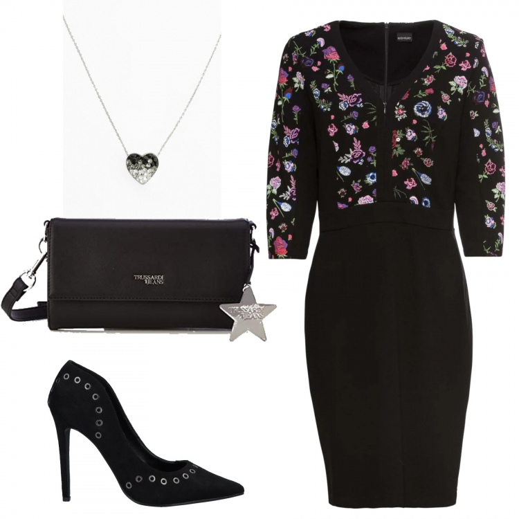 Outfit donna - Basica, ma molto fine. Stile Basic per Serata fuori. Abbinamento con vestito jersey, collane, décolleté, clutch.