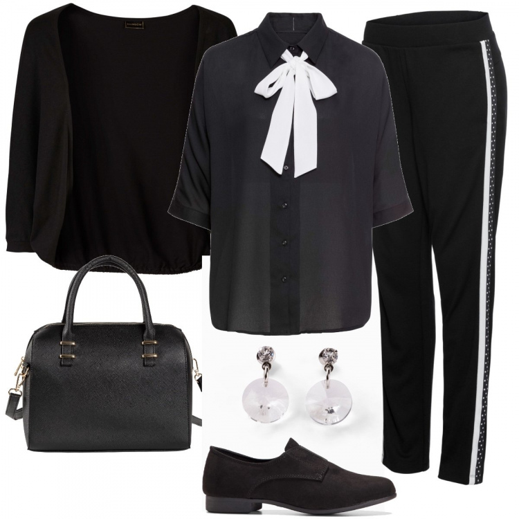 Outfit donna - Allday#Curvystyle. Stile Basic per Ufficio. Abbinamento con vestiti midi/longuette, cardigans, camicetta, mocassini nero, borse a mano, orecchini argento.