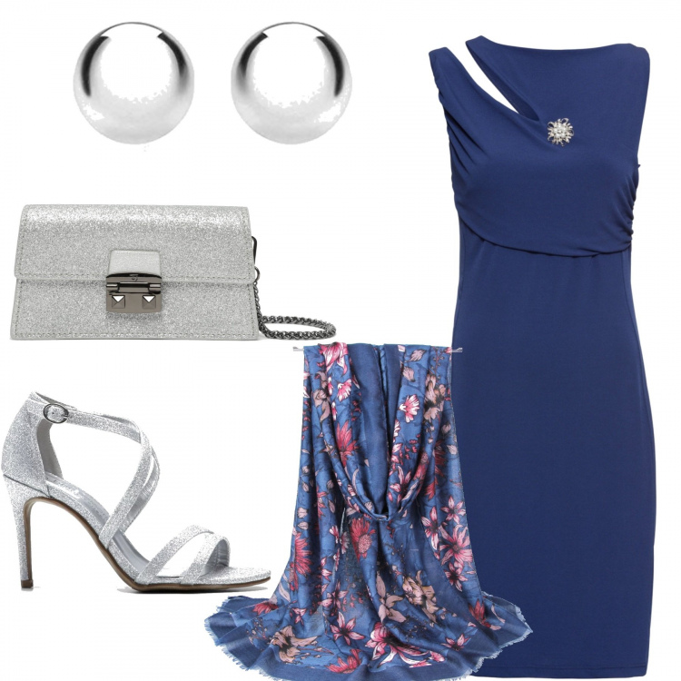 Outfit donna - Il vestitino a 10 euro!!!. Stile Chic per Serata fuori. Abbinamento con vestiti corti, sandali col tacco, sciarpa, orecchini, clutch argento.