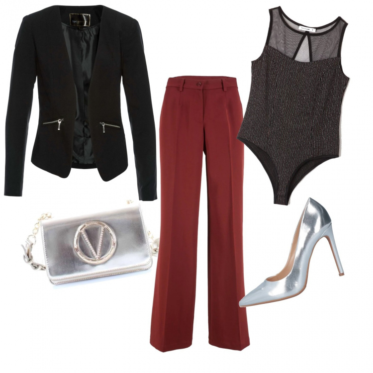 Outfit donna - Sexy #4066. Stile Sexy per Serata fuori. Abbinamento con blazer, maglieria, décolleté effetto laminato a punta tinta unita, body in tulle nero, borse a mano.