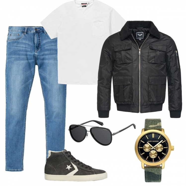 Outfit uomo - Maverik. Stile Casual per Tutti i giorni. Abbinamento con jeans, sneakers tennis effetto scamosciato senza tacco interno foderato con punta tonda tinta unita, giubbotto con zip nero, orologio, occhiali da sole, t-shirt.