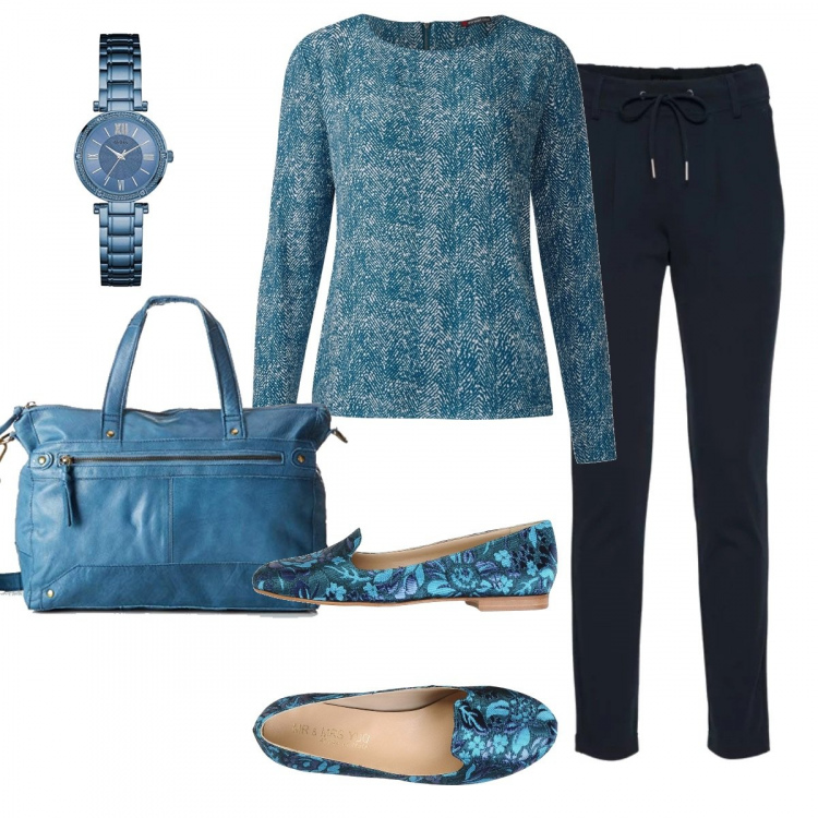 Outfit donna - Turchese. Stile Basic per Scuola/Università. Abbinamento con pantaloni, mocassini, t-shirt blu, borsa a spalla in pelle blu, orologi.